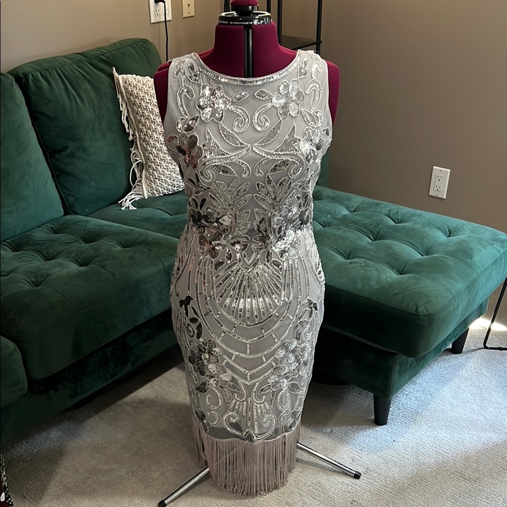 Unique Vintage Elegant Silver Embellished Dress | Size M